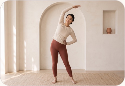 A woman doing a standing side stretch